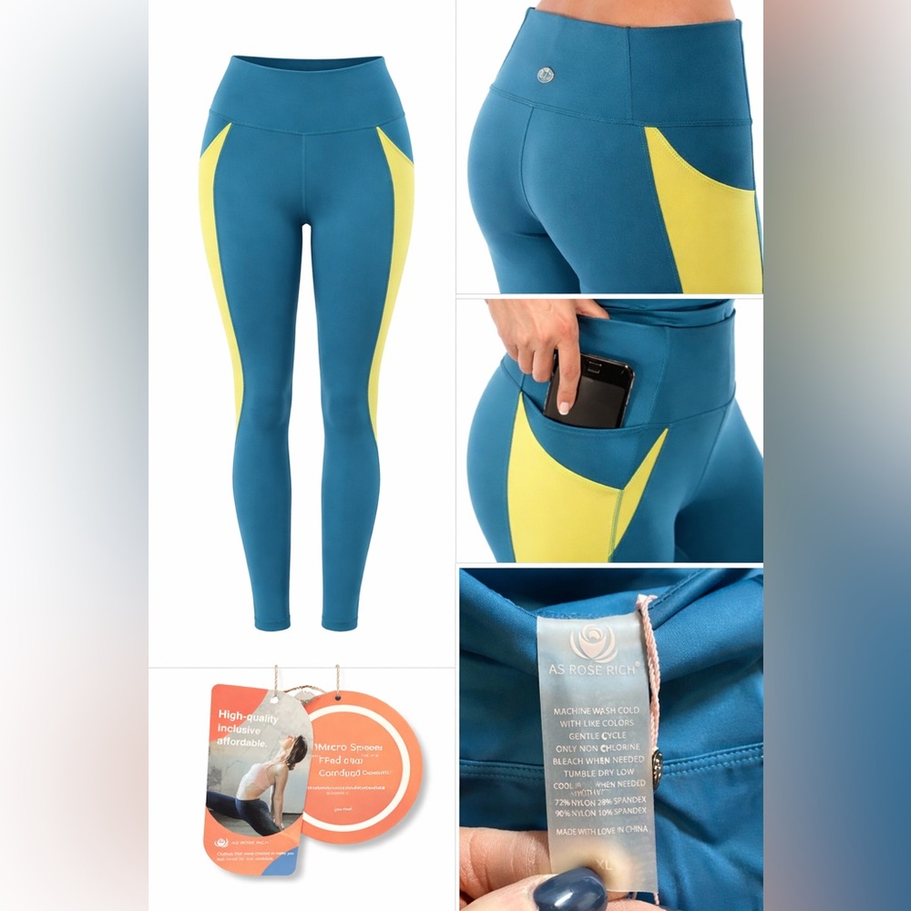 NEW AS Rose Rich High-Waist Performance Leggings – MED – Teal/Yellow